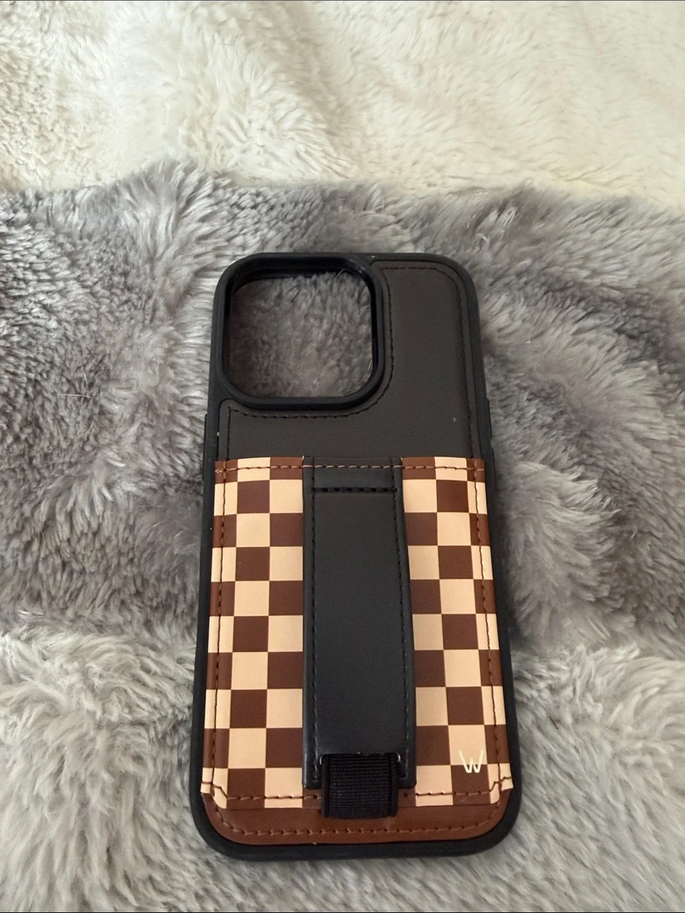 Black Phone Case with Brown Checker Accent and Hand Strap